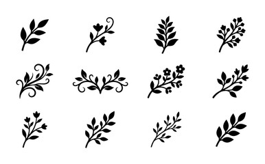 Fototapeta premium Minimalist floral branch silhouettes, set of 12 black botanical leaf icons, elegant organic plant vector elements for wedding invitations and logo design