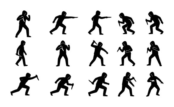 Criminal silhouette vector set, 15 black icons of hooded attackers with knives, dangerous mugger and thief character poses for crime prevention