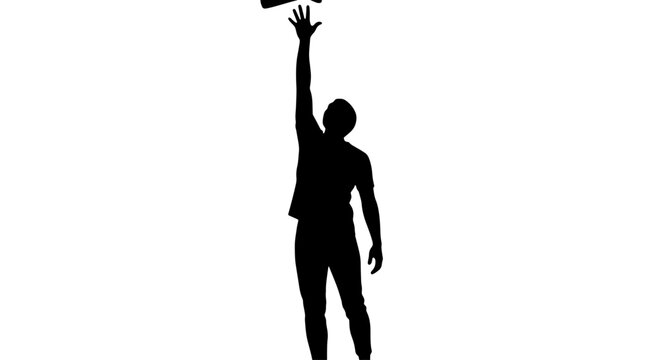 Silhouette of a person throwing a frisbee in the air against a white background.
