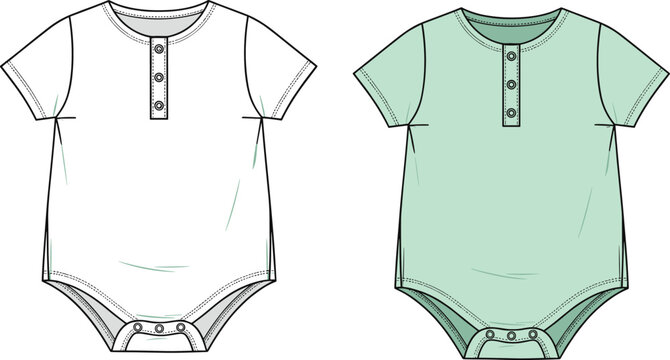 Baby Short Sleeve Henley Bodysuit Technical Sketch Set Featuring Front Button Placket and Snap Closure in Mint and White Colors