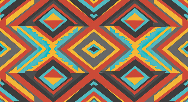 A seamless geometric pattern featuring diamonds and chevrons in red, yellow, blue, and gray