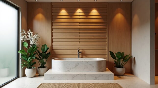 Interior de un moderno ba&ntilde;o tipo spa con detalles de pared en listones de madera horizontales