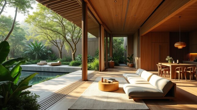Interior de una casa tropical moderna con paredes abiertas que se conectan fluidamente con el exterior
