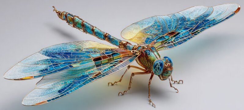 Close up of a decorative dragonfly with detailed wings and vibrant colors on a white backdrop