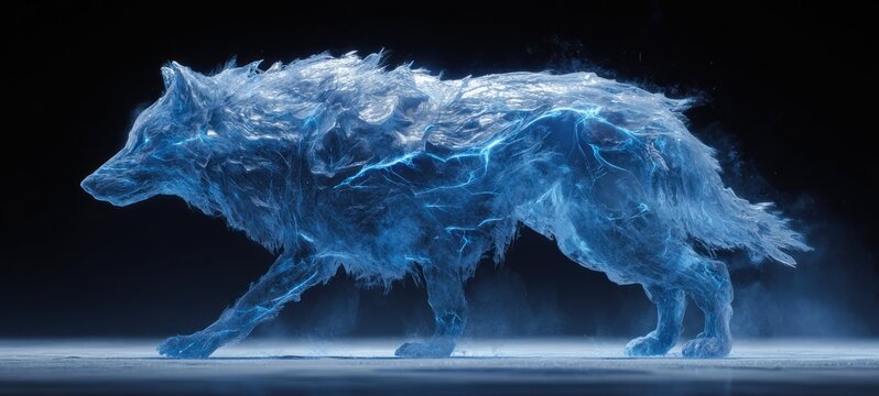 Abstract illustration of a spectral wolf in shades of blue with energy effects