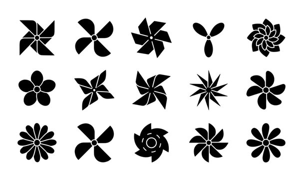 Minimalist pinwheel icon set, 15 black vector wind turbine silhouettes, geometric paper fan and propeller symbols for renewable energy branding