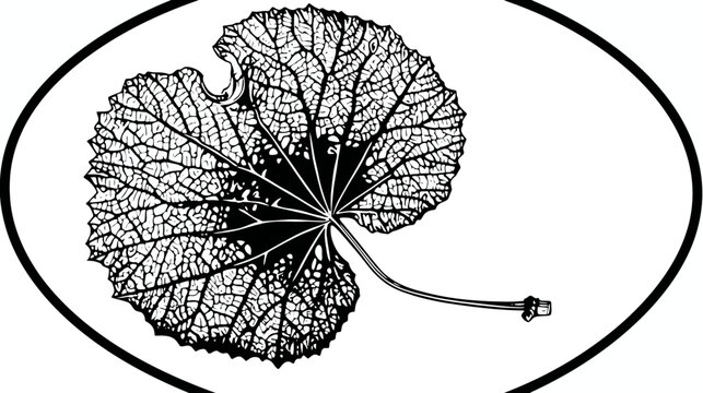 A detailed monochrome drawing of a leaf within an oval frame with intricate venation