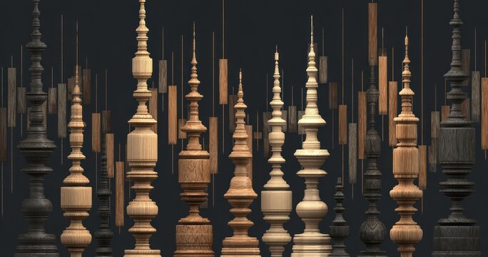 Abstract wooden objects in varied colors and detailed forms on a dark background