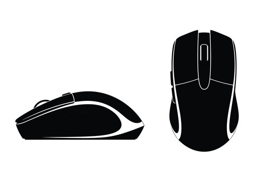 Two computer mice are displayed in a stark black and white silhouette