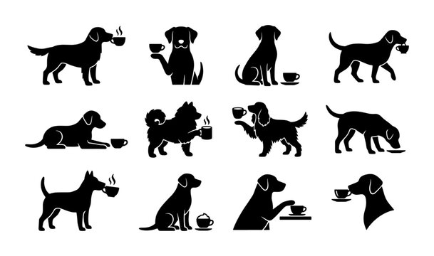 Black dog silhouette set with coffee cups, 12 canine icons drinking tea and coffee, funny pet cafe vector illustrations for logos and branding