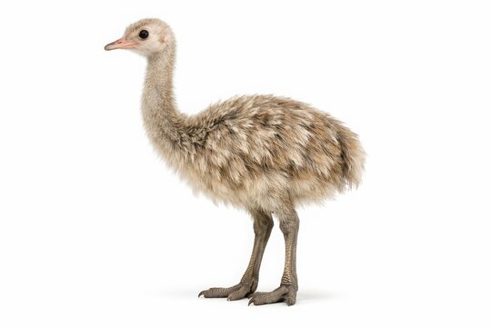 Young ostrich chick standing on white background, fluffy baby ostrich bird with soft brown feathers, cute rhea or emu hatchling in studio profile view