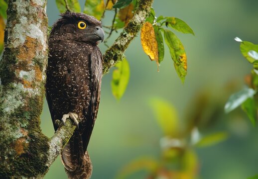 Great Potoo Perched on Mossy Branch in Forest