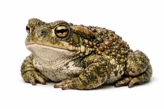 Common toad with bumpy skin isolated on white background, textured green amphibian in side view, wild bufo bufo sitting in studio light