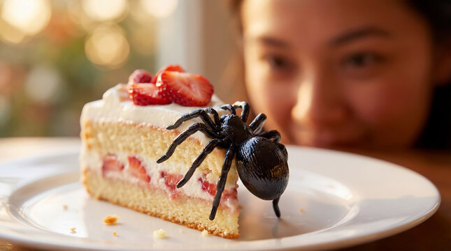 Prank or Halloween concept - a fake plastic spider crawling on a whipped cream dessert