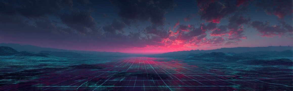 Abstract landscape with grid lines and a vibrant pink and blue sunset sky
