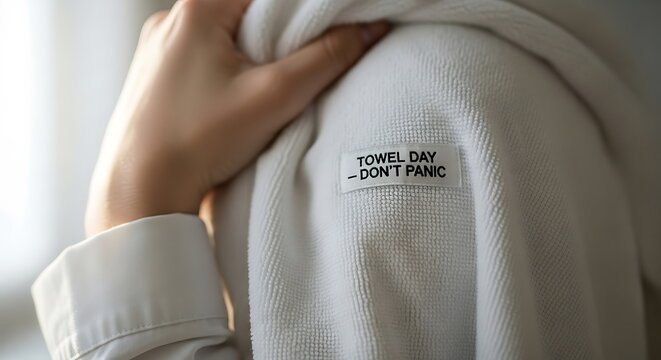Closeup of a person holding a white towel with a towel day dont panic label on it