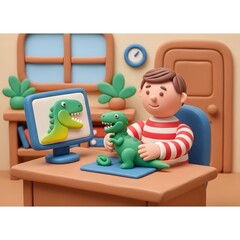 Fototapeta premium Creative child sculpting a dinosaur model on a desk with a computer displaying a matching design, promoting imagination and hobbies