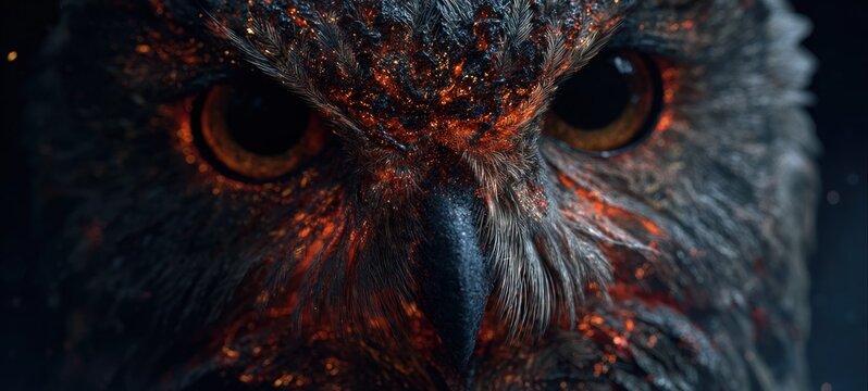 Close up of an owl face with detailed feathers and glowing orange patterns