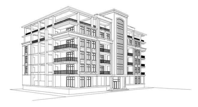 Detailed CAD drawing of a multi-story residential building, rendered as a vector illustration with precise line work, showcasing architectural design and structural engineering