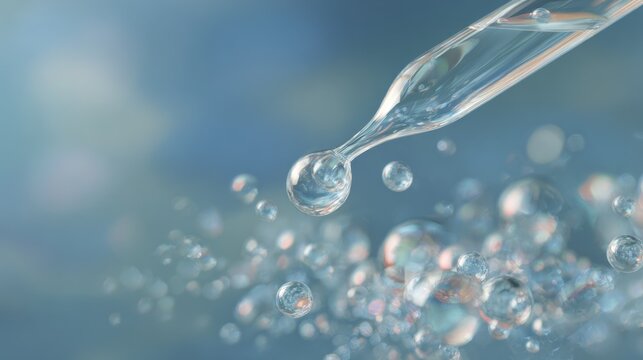 Close up of a pipette dropping liquid into a pool of water with bubbles