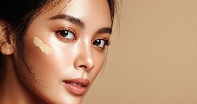 Close up portrait of woman with makeup application test on face