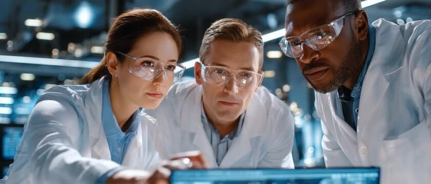 Innovation in Science: A focused team of scientists, donned in protective eyewear and coats, collaborates intently over an innovative experiment, reflecting a fusion of intellect and curiosity.