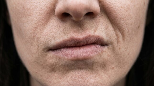 Tight crop of mouth with half sneer and cold eyes