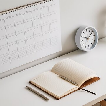 Desk Scene with an Open Lined Notebook and Two Pens on a White Surface Next to a Spiral Bound Monthly Calendar and a Light Blue Round Desk Clock