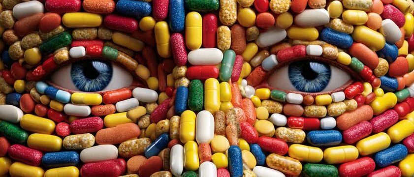 Medication Portrait: A striking and thought-provoking composition where human face is meticulously crafted from an array of vibrant pills, reflecting themes of healthcare and consumption.