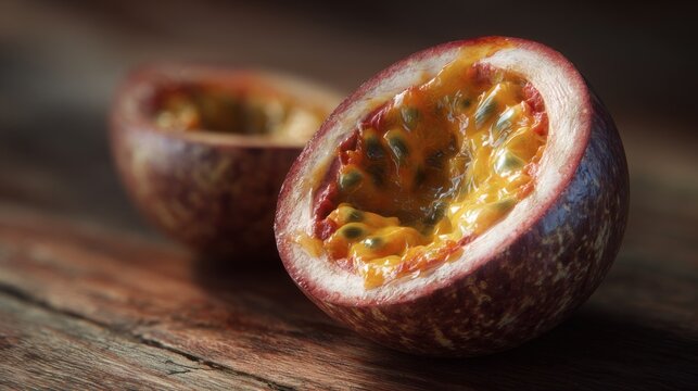 Close up of a halved passion fruit showing the pulp on a wooden surface