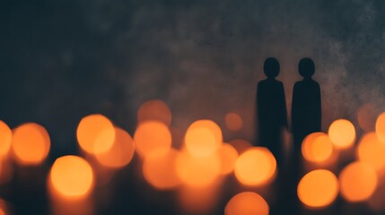 Fototapeta premium Two silhouetted figures stand against a dark background, surrounded by warm, blurred candlelight creating a soft, intimate atmosphere.