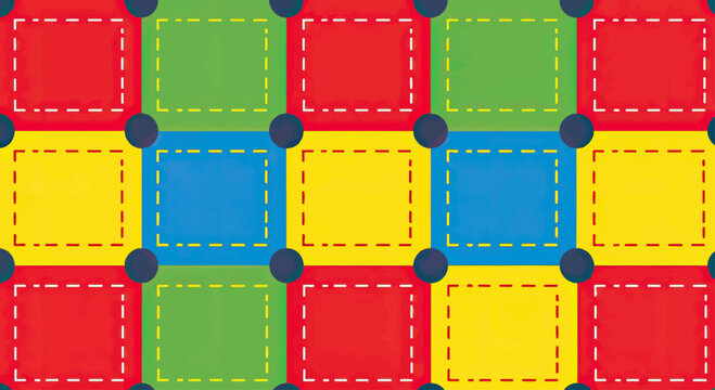 Abstract pattern of colored squares with dashed outlines and connecting dark circles