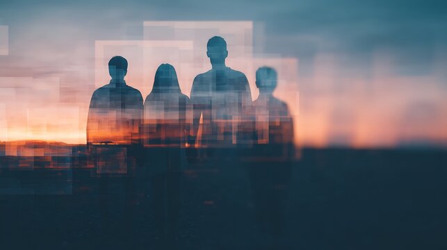 Silhouettes of four people merged with digital glitch effects against a sunset sky, creating a futuristic and abstract atmosphere.