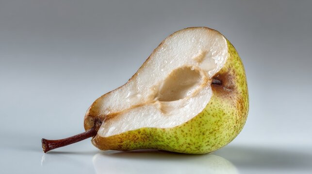 Close up of a partially eaten pear against a neutral background