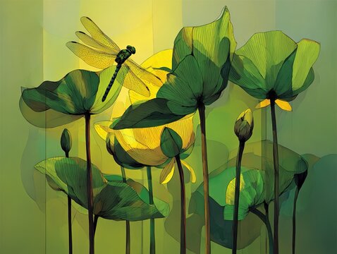 3D Fiber Art Lotus Leaf Dragonfly Light Green Gradient Minimalist Oriental Blossom