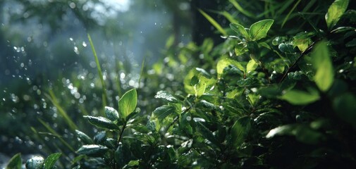 Fototapeta premium Close up of vibrant green foliage bathed in soft sunlight nature scene