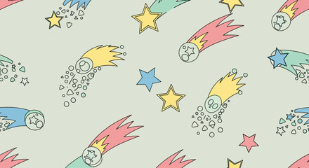 Colorful cartoon shooting stars and stars scattered on a light gray background © Sendal