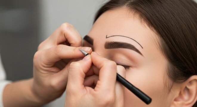 Close-up of a person getting their eyebrows professionally shaped with a pencil and curved guide
