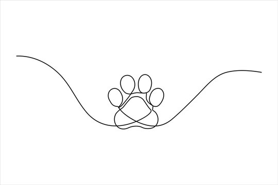 Minimalist one-line art of a bold dog paw silhouette. Features thick, clean, continuous lines for strong visibility in pet logos and animal branding.