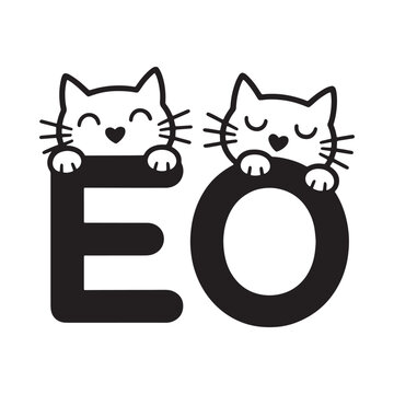 Two adorable cats playfully peek over the letters eo in black