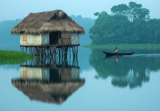 Traditional Stilt House on Tranquil River in Bangladesh