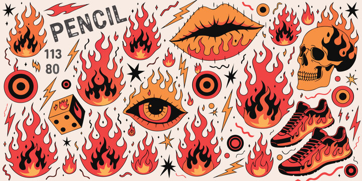 Collection of flash tattoo design elements with flames lips skull eye sneakers rock and roll sneakers illustration alternative collection background rebellion subculture streetwear