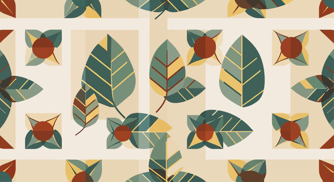 Geometric leaves and floral motifs in a repeating pattern