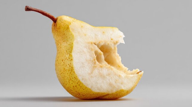 Bitten pear fruit on gray background showing texture and details