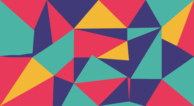Abstract geometric pattern with interlocking triangles in bold teal, pink, yellow, and purple