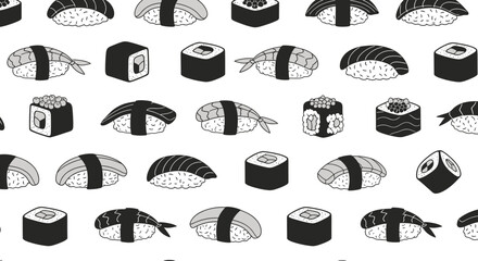 A repeating pattern of various black and white sushi illustrations on a white background © Sendal