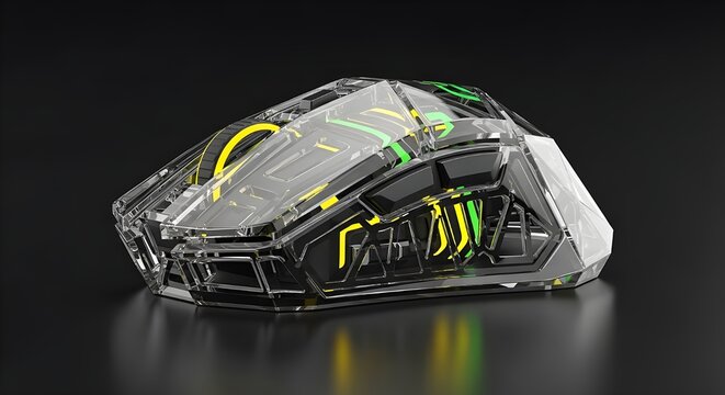 A futuristic transparent computer mouse with glowing yellow and green lines on a dark background