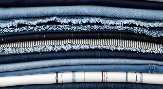 A stack of various denim jeans with different textures and colors