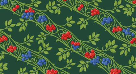 Repeating pattern of green branches with red and blue berries on a dark green background © Sendal
