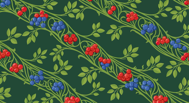 Repeating pattern of green branches with red and blue berries on a dark green background